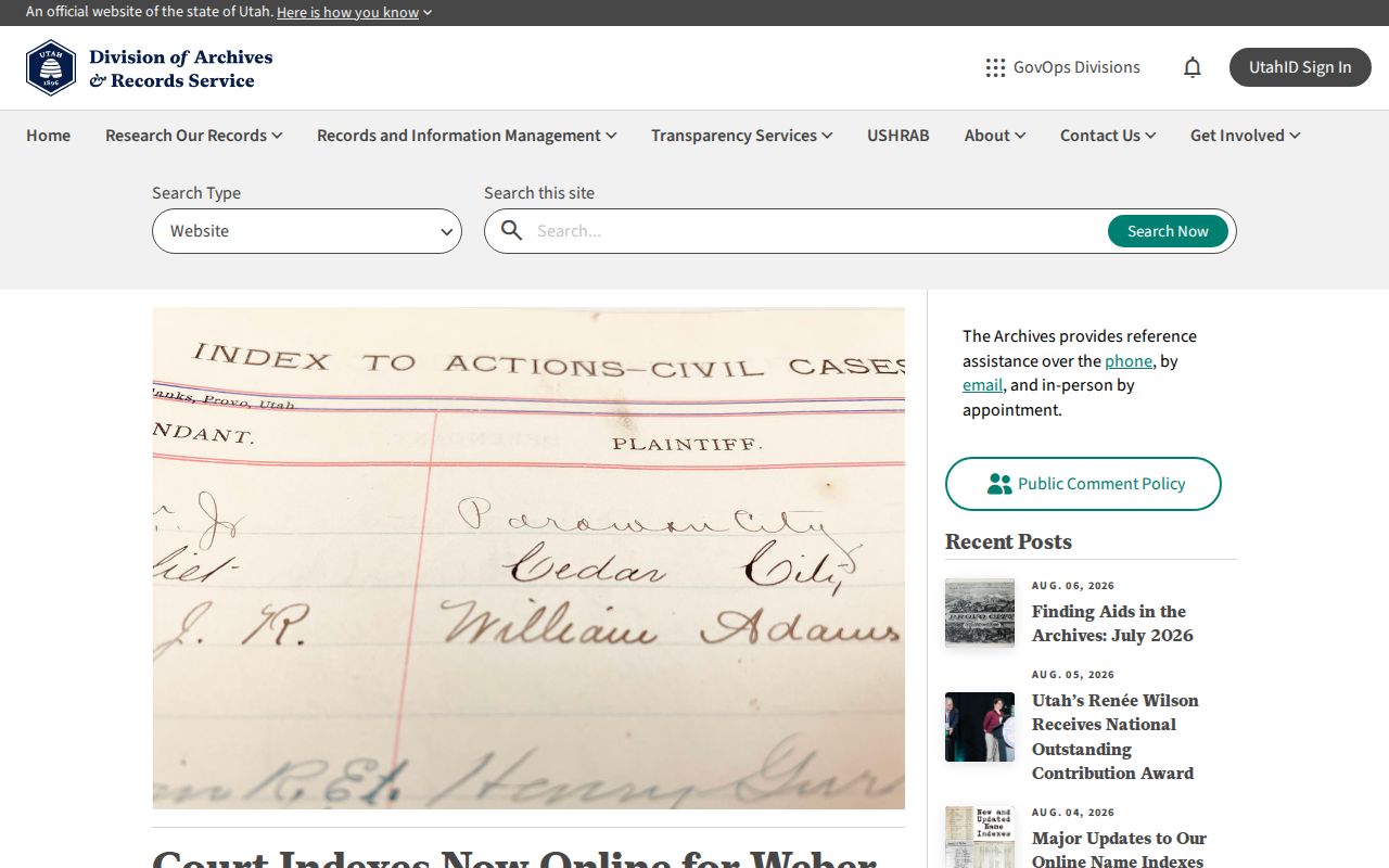 Weber County court indexes Archives announcement