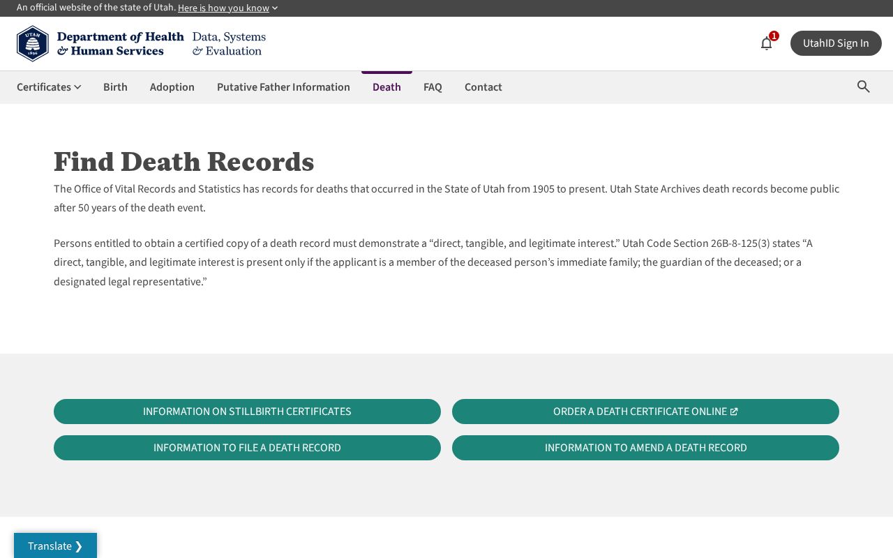 Weber County Utah death records page
