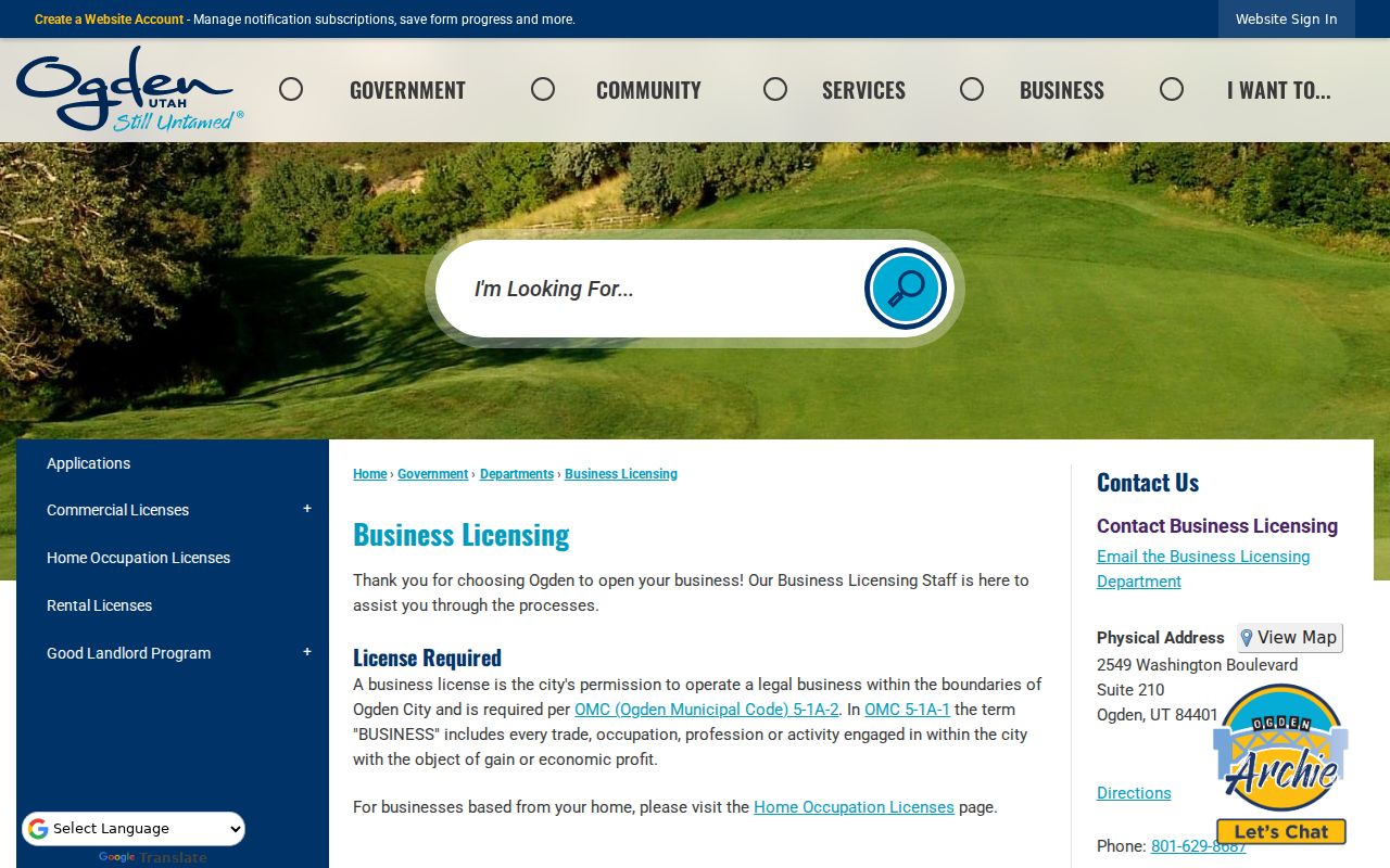 Weber County Ogden business licensing page