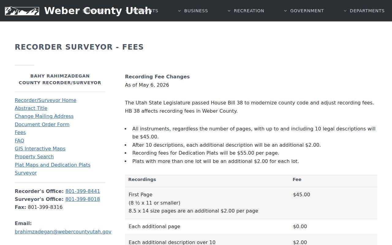 Weber County street directory Recorder fees