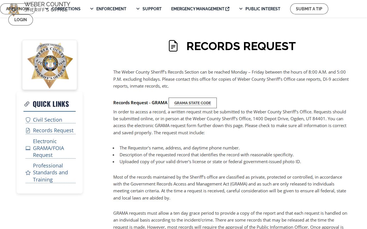 Weber County Sheriff records request page