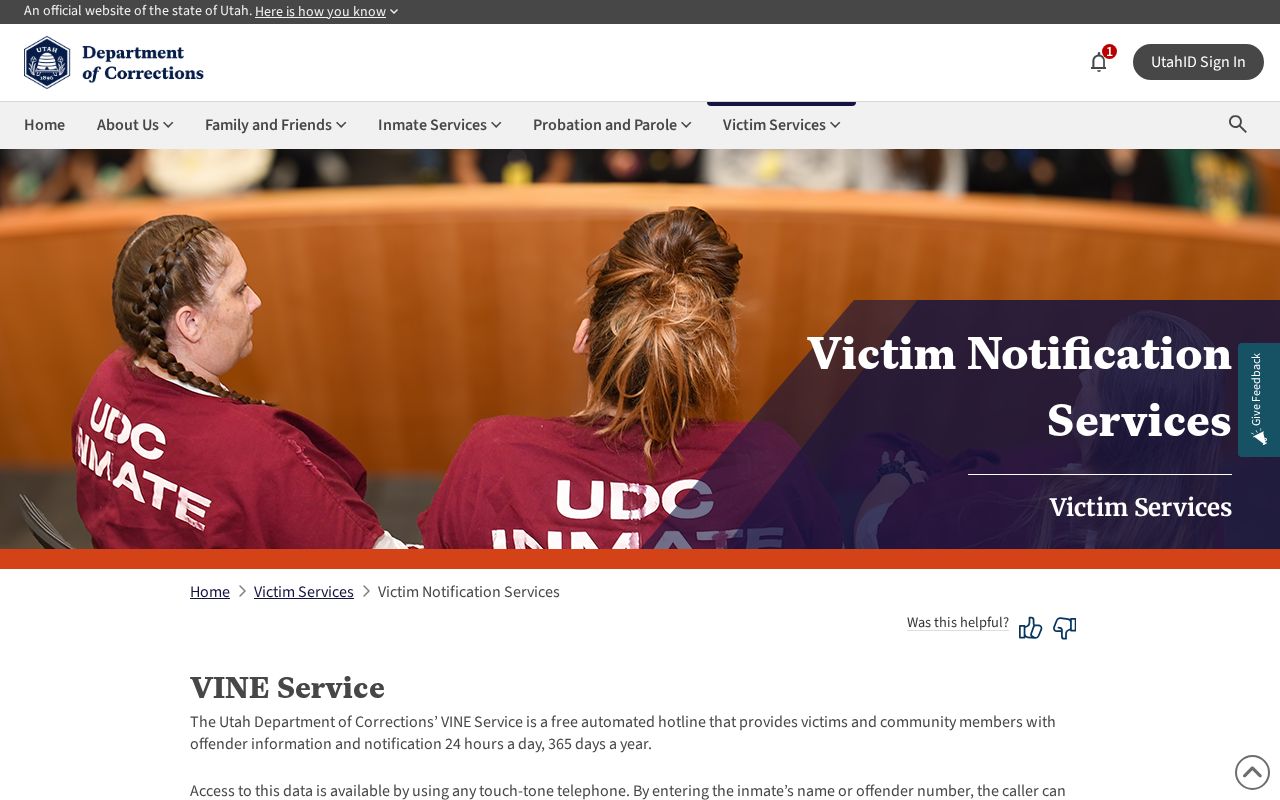 Weber County Utah VINE victim notification resource